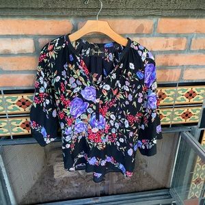 Yumi Kim Floral Silk Blouse Black Purple Red Garden Print Button Neck Top S